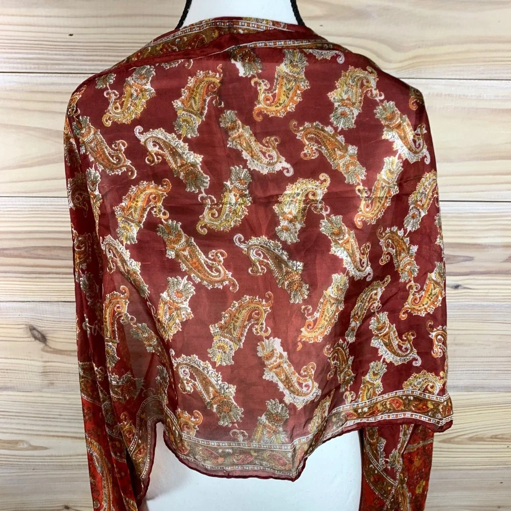 Paisley Silk Scarf Women Rust Orange Rectangular Wrap Lightweight Ethereal Boho